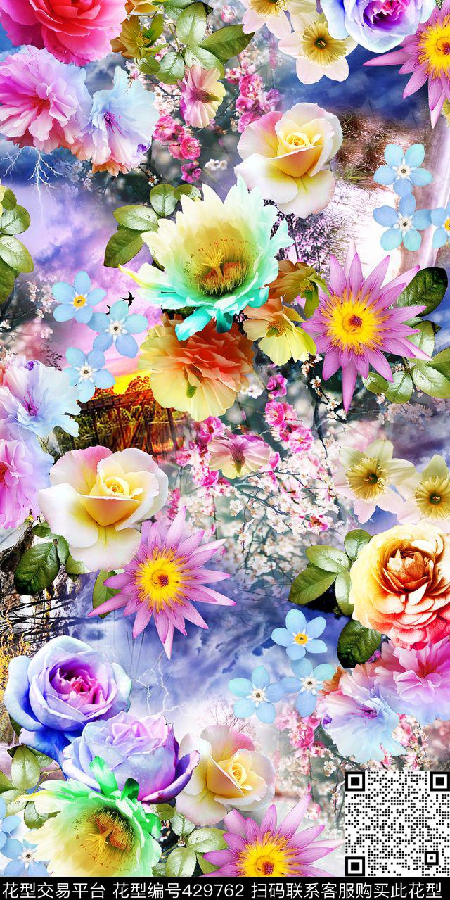 绚丽风景底带鲜丽花卉 - 429762 - 满版花型 绚丽花卉 风景底纹 - 数码印花花型 － 女装花型设计 － 瓦栏