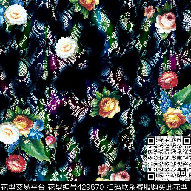 绚丽蕾丝底纹加欧式花卉 - 429870 - 欧式 蕾丝底纹 欧式手绘花卉 - 数码印花花型 － 其他花型设计 － 瓦栏