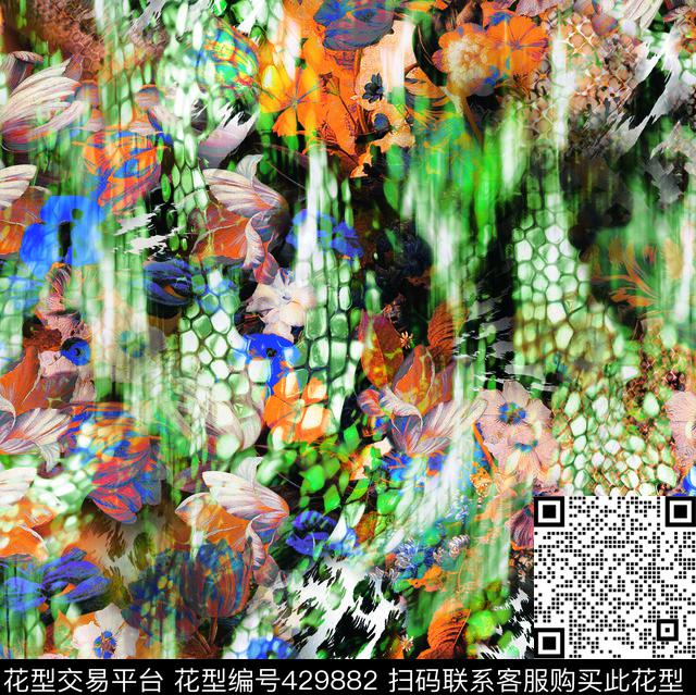 抽象暗调瑕疵花卉纹理化数码印花 - 429882 - 瑕疵 花卉 纹理化 - 数码印花花型 － 女装花型设计 － 瓦栏