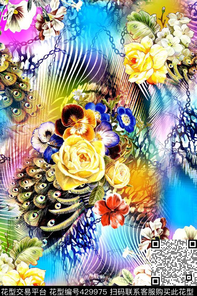 时尚炫彩花卉羽毛链条 - 429975 - 时尚 炫彩 花卉 - 数码印花花型 － 女装花型设计 － 瓦栏