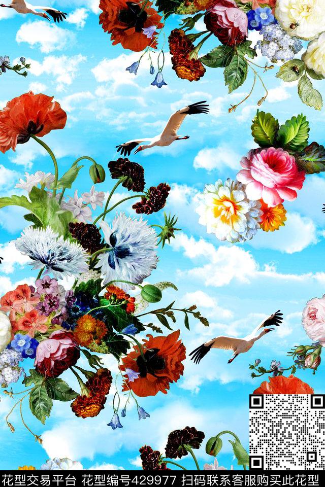 时尚花卉天空白鹤 - 429977 - 时尚 花卉 天空 - 数码印花花型 － 女装花型设计 － 瓦栏