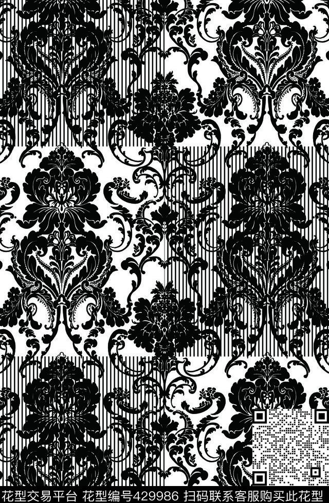 复古黑色花型，沙发布，印花，欧式印花 - 429986 - 复古 满版花型 条纹 - 传统印花花型 － 沙发布花型设计 － 瓦栏