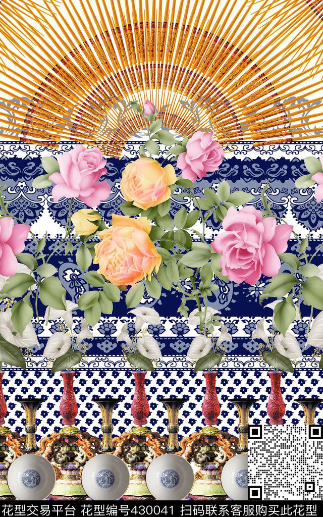 	定位中国陶瓷工艺文艺数码印花 - 430041 - 定位 流行时尚大牌 青花瓷花纹 - 数码印花花型 － 女装花型设计 － 瓦栏