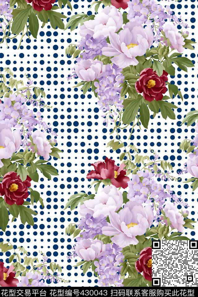 流行时尚	波点手绘花数码印花. - 430043 - 波点 花卉 流行时尚 - 数码印花花型 － 女装花型设计 － 瓦栏