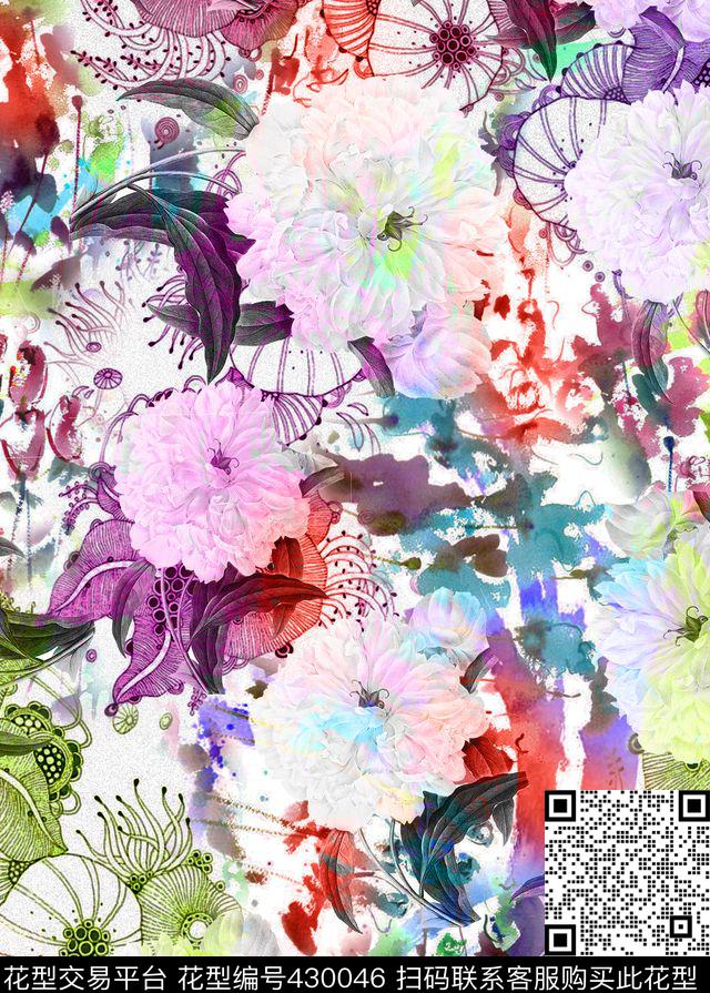 水彩喷洒水感花卉 - 430046 - 多彩花卉 水墨 喷洒 - 数码印花花型 － 女装花型设计 － 瓦栏