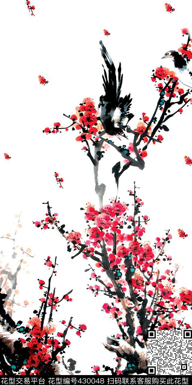 鹊上枝头 - 430048 - 梅花 水墨画 喜鹊 - 数码印花花型 － 女装花型设计 － 瓦栏