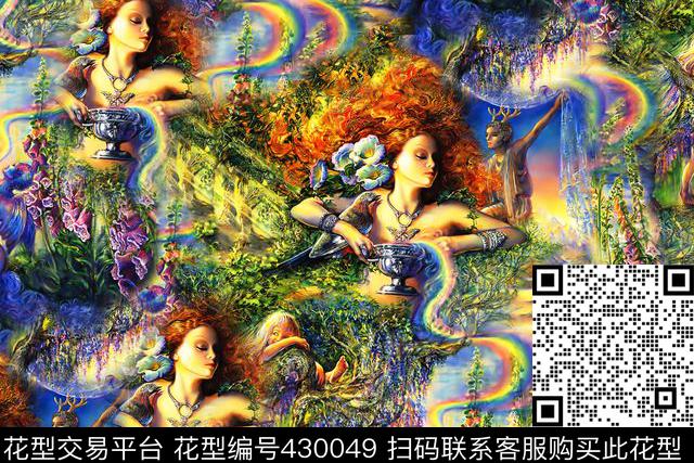艺术。美女 小孩花朵  彩虹  - 430049 - 古典 靓丽 欧美风格 - 数码印花花型 － 女装花型设计 － 瓦栏