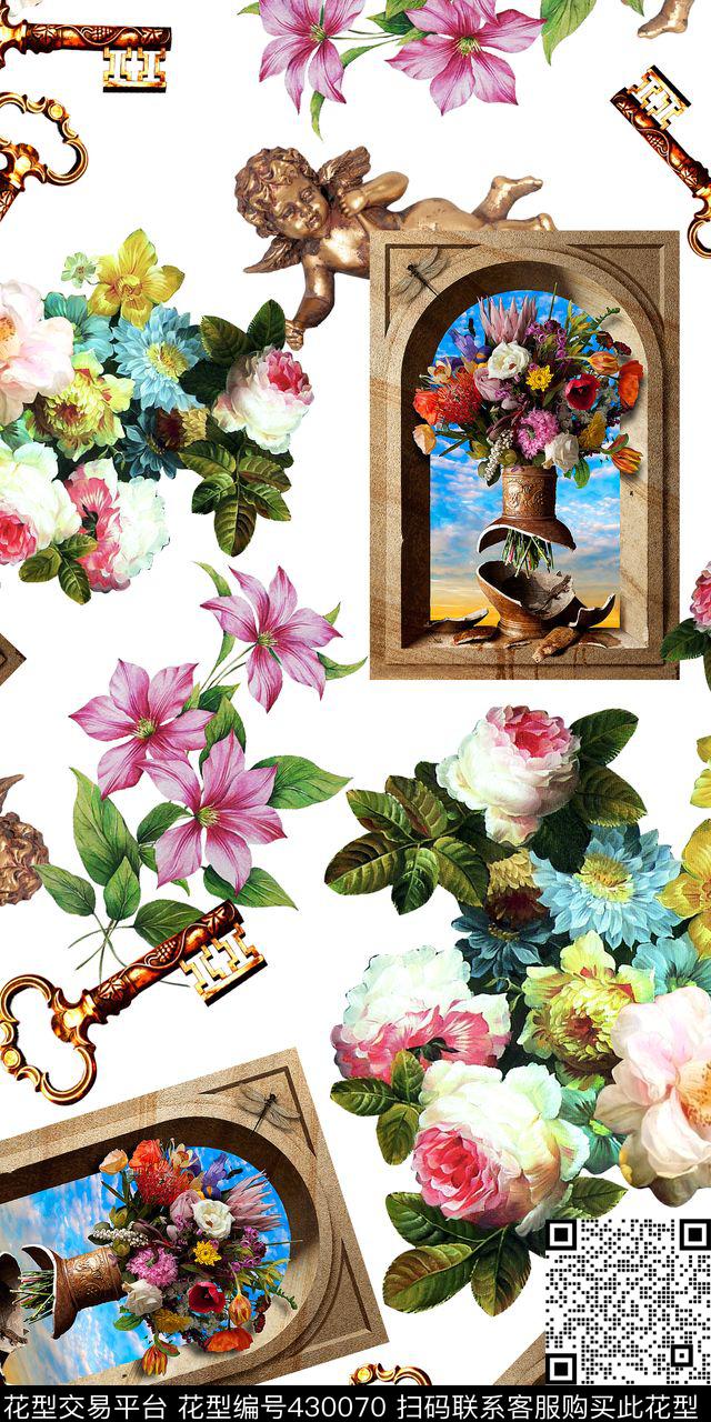 白底时尚油画花卉相框印花服装花型 - 430070 - 白底时尚 印花服装 油画花卉相框 - 数码印花花型 － 女装花型设计 － 瓦栏
