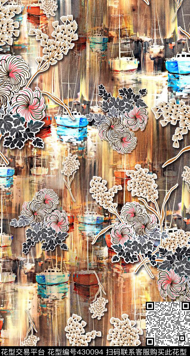 拉丝油画 码头 手绘线条花卉 机理 服装 - 430094 - 拉丝 油画 码头 - 数码印花花型 － 女装花型设计 － 瓦栏