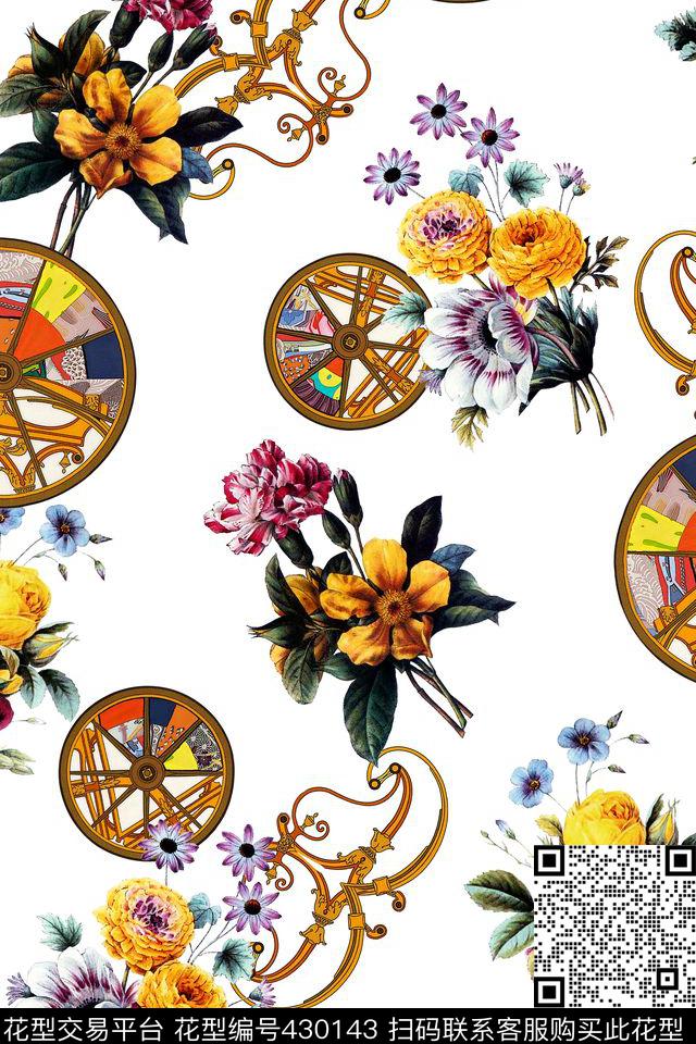 欧式元素花卉水彩 - 430143 - 欧式车轮元素 水彩花卉 时尚花型春夏 - 数码印花花型 － 女装花型设计 － 瓦栏