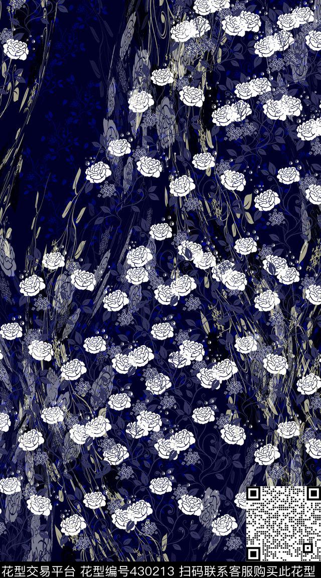 蓝底 白花 青瓷风  时尚  民族 - 430213 - 名族风 流行 花卉 - 数码印花花型 － 女装花型设计 － 瓦栏