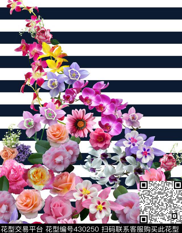 服装花型 - 430250 - 定位 花卉 条纹 - 数码印花花型 － 女装花型设计 － 瓦栏