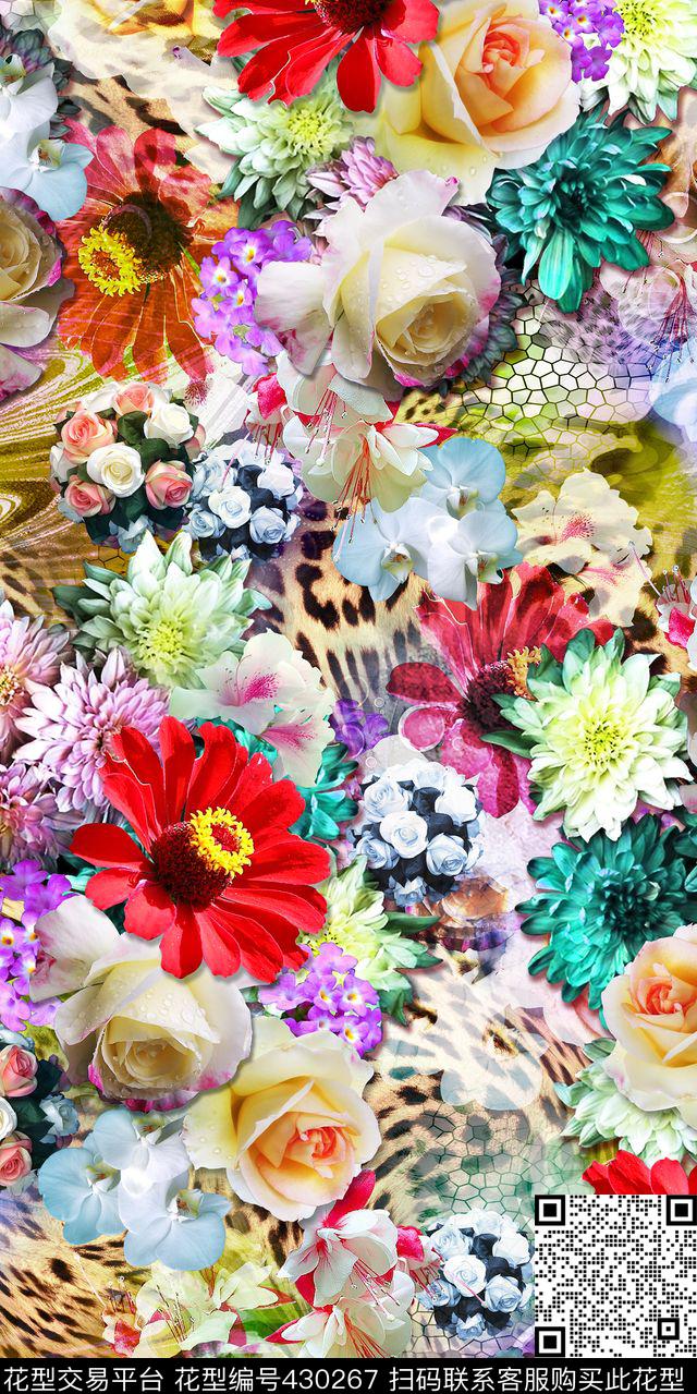 豹纹与鲜花 - 430267 - 满版花型 鲜花 豹纹底 - 数码印花花型 － 女装花型设计 － 瓦栏