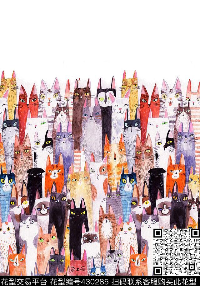 猫星人单边定位花型 - 430285 - 猫 单边定位 动物 - 数码印花花型 － 女装花型设计 － 瓦栏