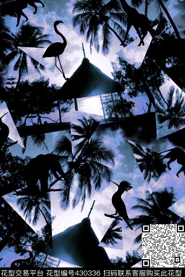 热带风情椰树黄昏休闲度假非洲动物剪影棕榈叶棕榈树海边男装印花衬衣女装内衣泳装 - 430336 - 热带 椰树 休闲 - 数码印花花型 － 女装花型设计 － 瓦栏