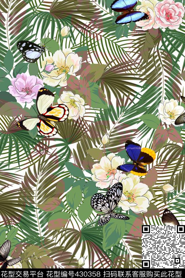 蝴蝶~花 - 430358 - 蝴蝶 L.D~花卉 L.D~手绘 - 传统印花花型 － 女装花型设计 － 瓦栏