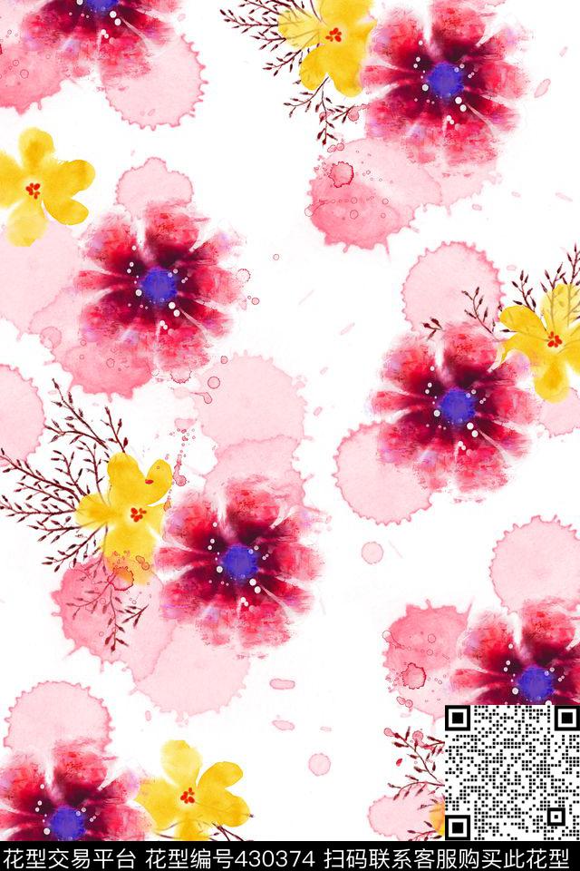 中国风时尚清新水彩碎花系列 - 430374 - 时尚 树枝 水彩 - 数码印花花型 － 女装花型设计 － 瓦栏