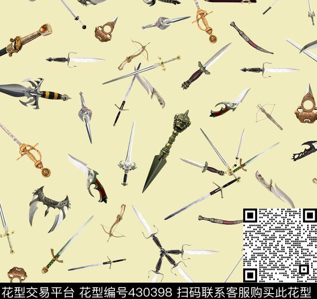 时尚潮流兵器印花 - 430398 - 匕首 刀剑 弓箭 - 数码印花花型 － 男装花型设计 － 瓦栏
