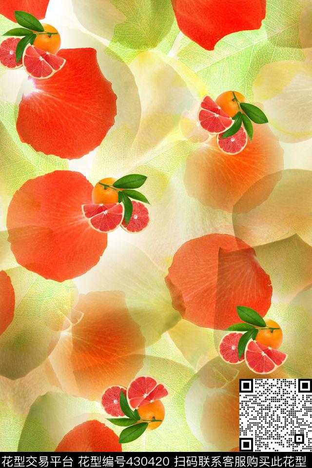 落叶红橙 - 430420 - 橙子 写意 叶子 - 数码印花花型 － 女装花型设计 － 瓦栏