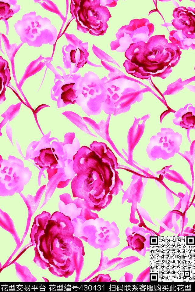 水彩花卉 - 430431 - 满版花卉 手绘效果花卉 水彩 - 数码印花花型 － 女装花型设计 － 瓦栏