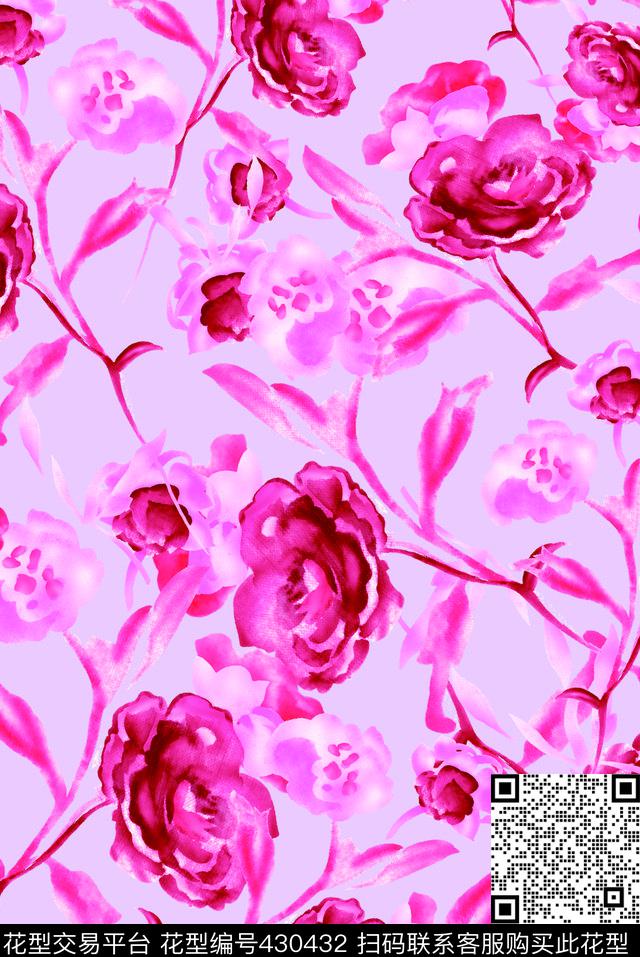 水彩花卉 - 430432 - 手绘效果花卉 满版花卉 水彩 - 数码印花花型 － 女装花型设计 － 瓦栏