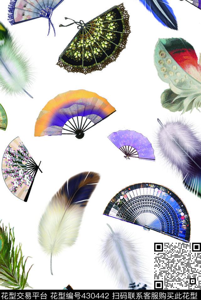 彩色羽毛扇子组合 - 430442 - 复古 扇子 羽毛 - 数码印花花型 － 女装花型设计 － 瓦栏
