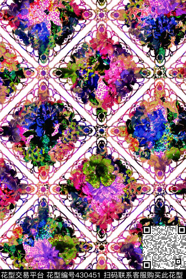 中国结花卉图案 - 430451 - 中国风 中国结花卉图案 花卉 - 数码印花花型 － 女装花型设计 － 瓦栏