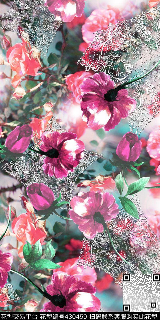 流行时尚手绘花田园风蕾丝底 - 430459 - 田园风 手绘花 蕾丝底 - 数码印花花型 － 女装花型设计 － 瓦栏