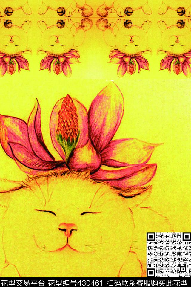 创意手绘猫与花小范围四方连续 - 430461 - 小范围四方连续 猫与花 创意手绘 - 传统印花花型 － 女装花型设计 － 瓦栏