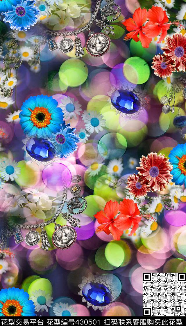 波点宝石花卉 - 430501 - 波点  宝石 花 时尚花卉 - 数码印花花型 － 女装花型设计 － 瓦栏
