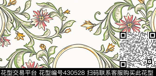 三色藤蔓花朵 - 430528 - 古朴 花朵 藤蔓 - 传统印花花型 － 床品花型设计 － 瓦栏