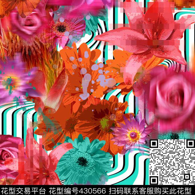 瑕疵花卉模糊花朵时尚女装花型 - 430566 - 潮流 抽象 复古 - 数码印花花型 － 女装花型设计 － 瓦栏