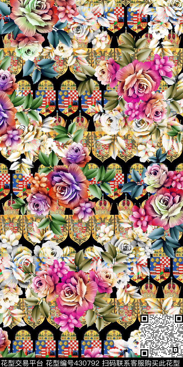 时尚复古欧式底精美花卉 - 430792 - 欧式复古 花卉 皇冠底 - 数码印花花型 － 女装花型设计 － 瓦栏