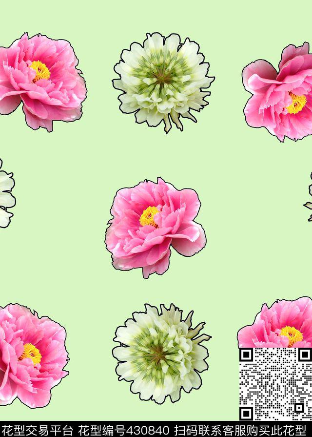 黑边牡丹影翠绿 - 430840 - 花卉 牡丹 黑边 - 数码印花花型 － 女装花型设计 － 瓦栏