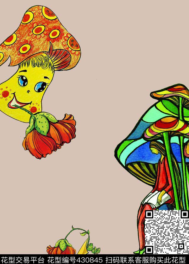 涂鸦蘑菇象形文书 - 430845 - 卡通 蘑菇 涂鸦 - 传统印花花型 － 女装花型设计 － 瓦栏