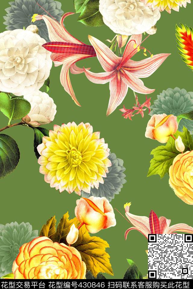 时尚手绘花卉茶花睡莲百合 - 430846 - 时尚 手绘 花卉 - 数码印花花型 － 女装花型设计 － 瓦栏