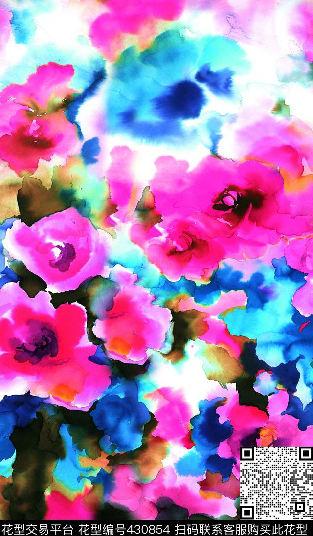抽象水彩花卉数码花型 - 430854 - 抽象水彩花卉 水彩花卉 定位花型 - 数码印花花型 － 女装花型设计 － 瓦栏
