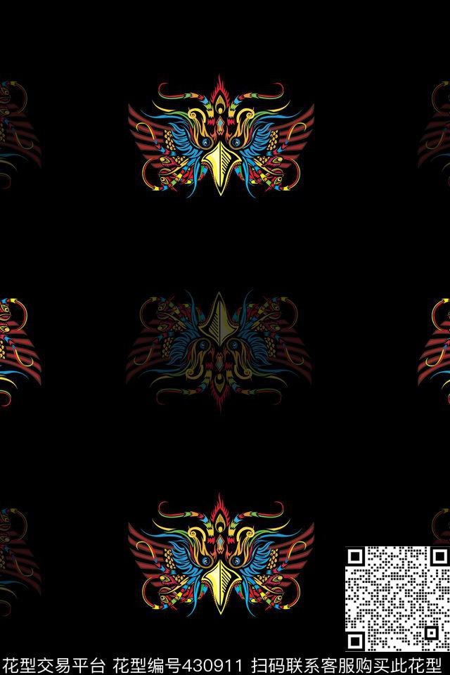 彩色手绘图腾鸟服饰图案 - 430911 - 时尚简约 手绘 图腾鹰 - 传统印花花型 － 女装花型设计 － 瓦栏