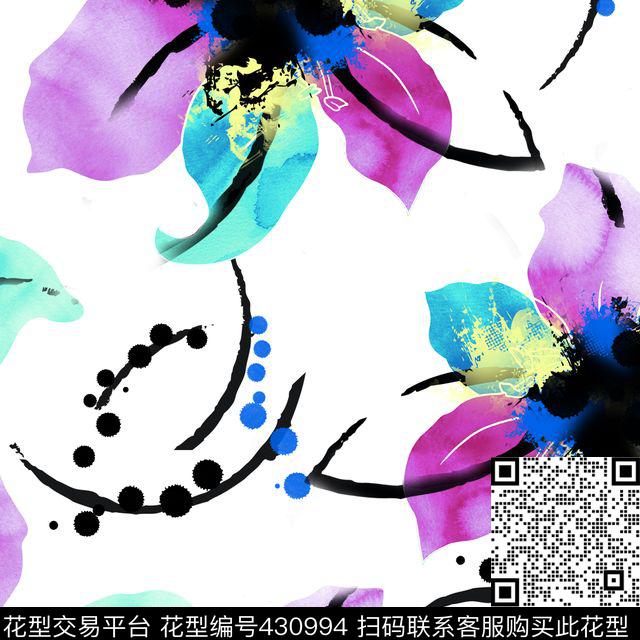 中国风手绘抽象花卉系列 水彩水墨复古风格 - 430994 - 抽象 花卉 手绘 - 数码印花花型 － 女装花型设计 － 瓦栏