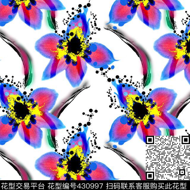 中国风手绘抽象花卉系列 水彩水墨复古风格 - 430997 - 抽象 花卉 流行 - 数码印花花型 － 女装花型设计 － 瓦栏