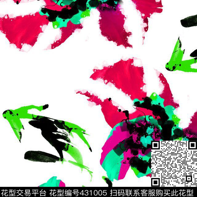 中国风手绘抽象花卉系列 水彩水墨复古风格 - 431005 - 抽象 复古 花卉 - 数码印花花型 － 女装花型设计 － 瓦栏