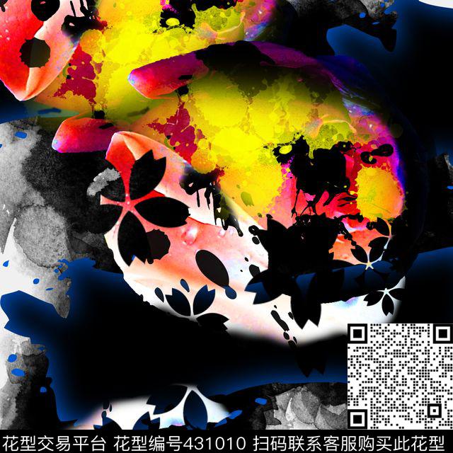 中国风手绘抽象花卉系列 水彩水墨复古风格 - 431010 - 抽象 花卉 墨点 - 数码印花花型 － 女装花型设计 － 瓦栏