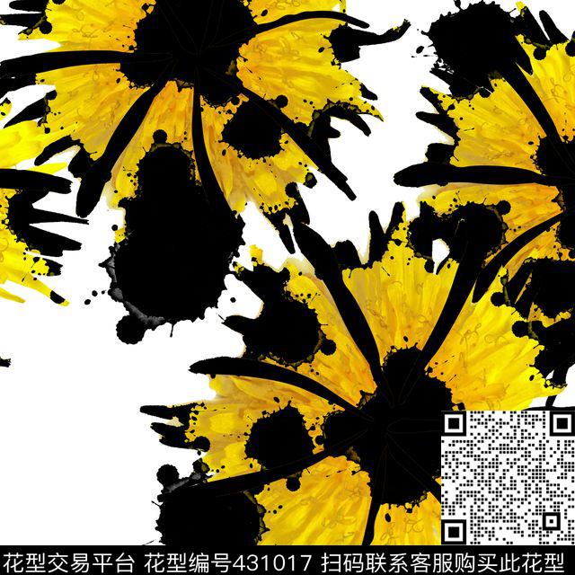 中国风手绘抽象花卉系列 水彩水墨复古风格 - 431017 - 花卉 菊花 墨点 - 数码印花花型 － 女装花型设计 － 瓦栏