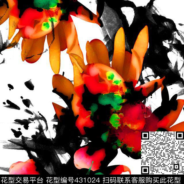 中国风手绘抽象花卉系列 水彩水墨复古风格 - 431024 - 抽象 花瓣 花卉 - 数码印花花型 － 女装花型设计 － 瓦栏