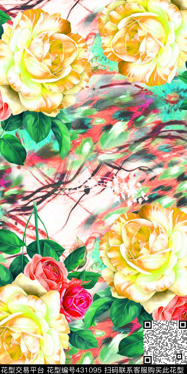 创意时尚豹纹线条 花卉. - 431095 - 流行 豹纹 花卉 - 数码印花花型 － 女装花型设计 － 瓦栏