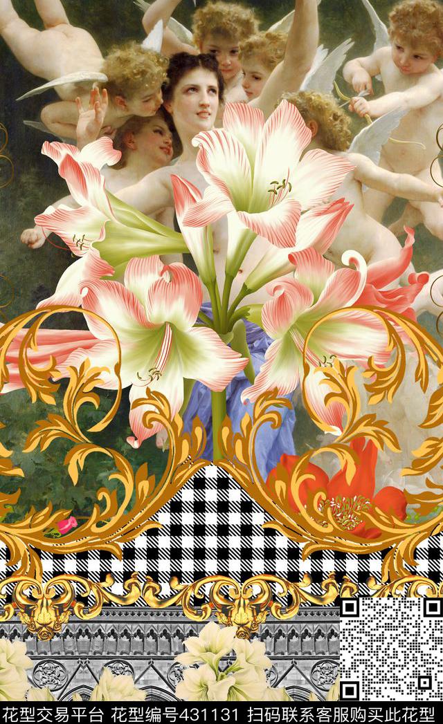 定位复古圣母花卉组合印花 - 431131 - 百合花 定位复古 花卉 - 数码印花花型 － 女装花型设计 － 瓦栏