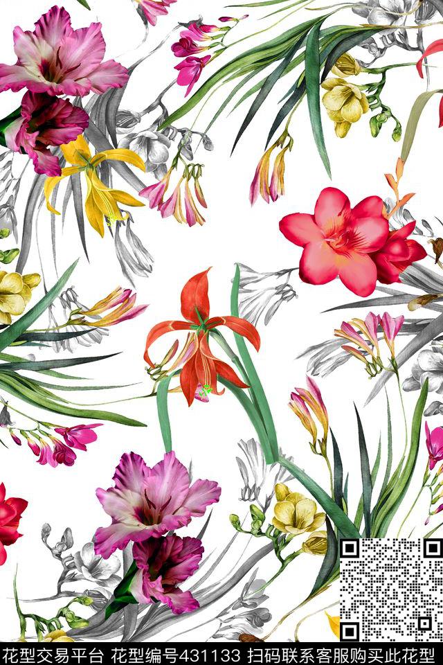 手绘花卉 - 431133 - 花卉 流行 素底 - 数码印花花型 － 女装花型设计 － 瓦栏
