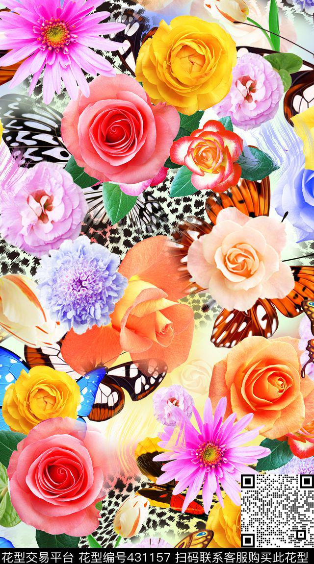 绚丽多彩花卉 - 431157 - 时尚. 绚丽多彩花卉 蝴蝶豹纹抽象底纹 - 数码印花花型 － 女装花型设计 － 瓦栏