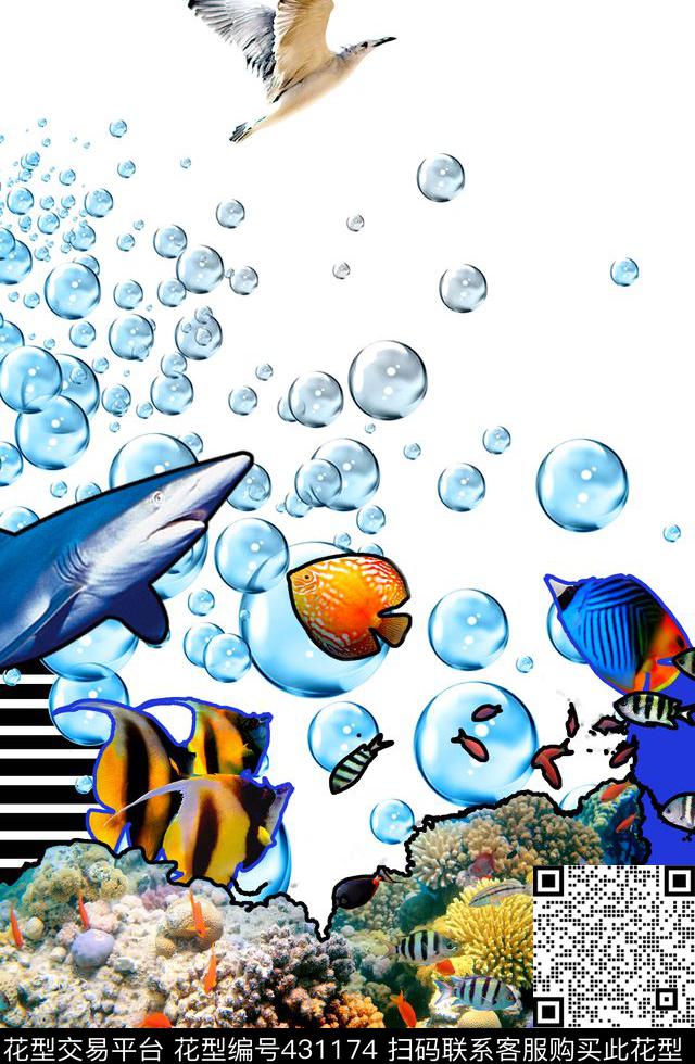 CH0012 - 431174 - 海底世界 鱼 水泡 - 数码印花花型 － 女装花型设计 － 瓦栏