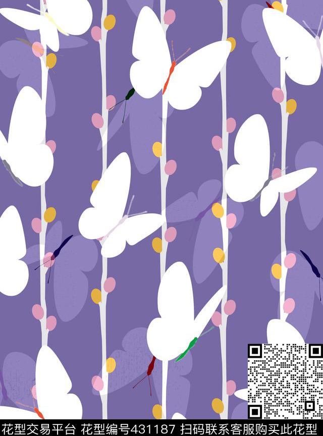 树藤上的抽象蝴蝶童装花型 - 431187 - 抽象 蝴蝶 清新 - 传统印花花型 － 女装花型设计 － 瓦栏